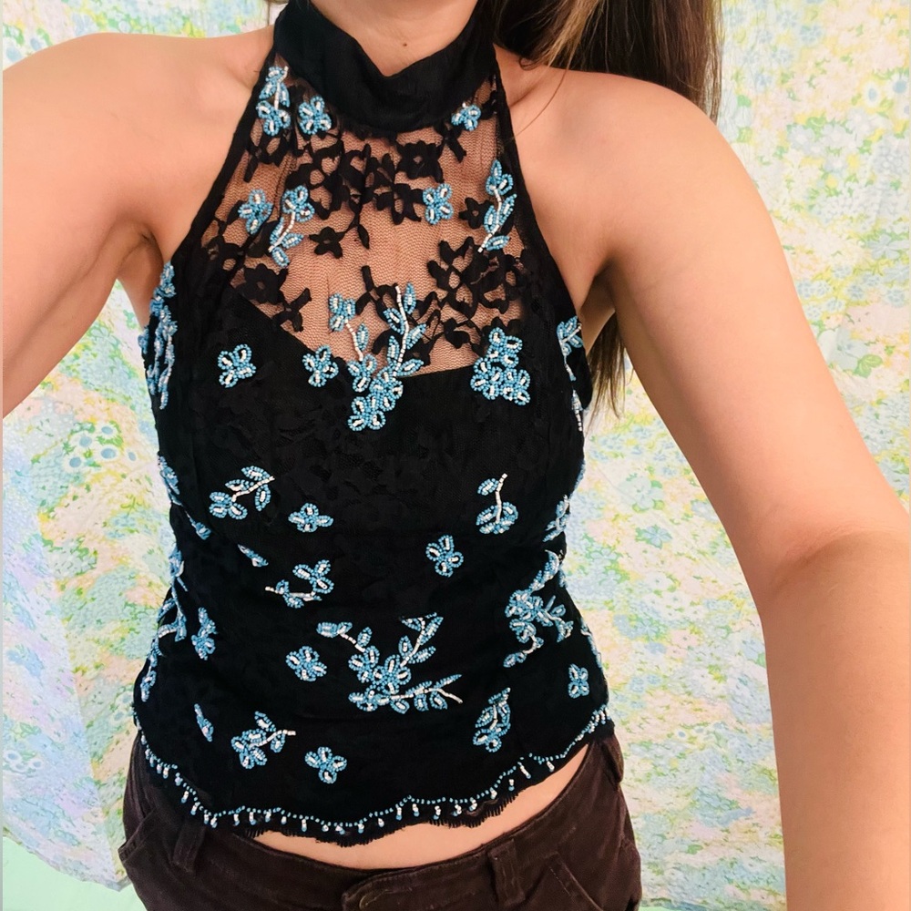 Vintage Cache Beaded Lace Halter Top 6 - Picture 3 of 13